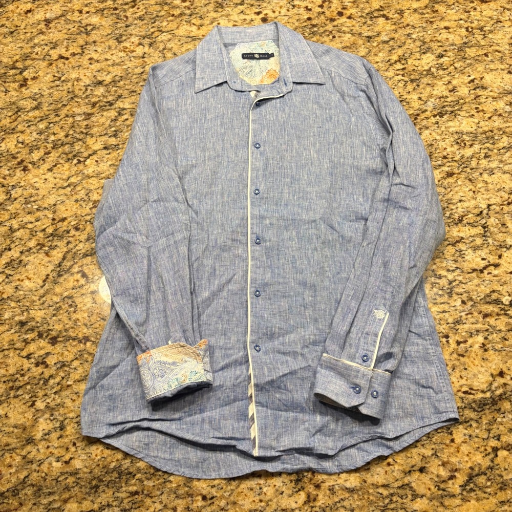 Stone Rose Mens Blue 100% Linen Long Sleeve Button Down Shirt 3 L ws
